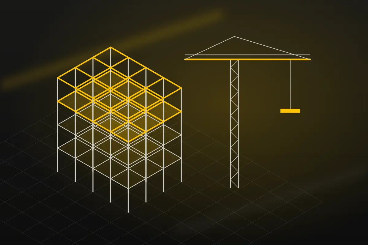 Illustration of a steel building frame going up beside a tower crane